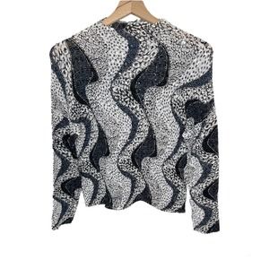 ALBERTO MAKALI Women's Crinkle Sequin Leopard Animal Print Top Blous Black White